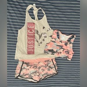 Justice Girls 12 Active Tank Top, Sports Bra, Shorts, 3 Piece Set, Pink Camo